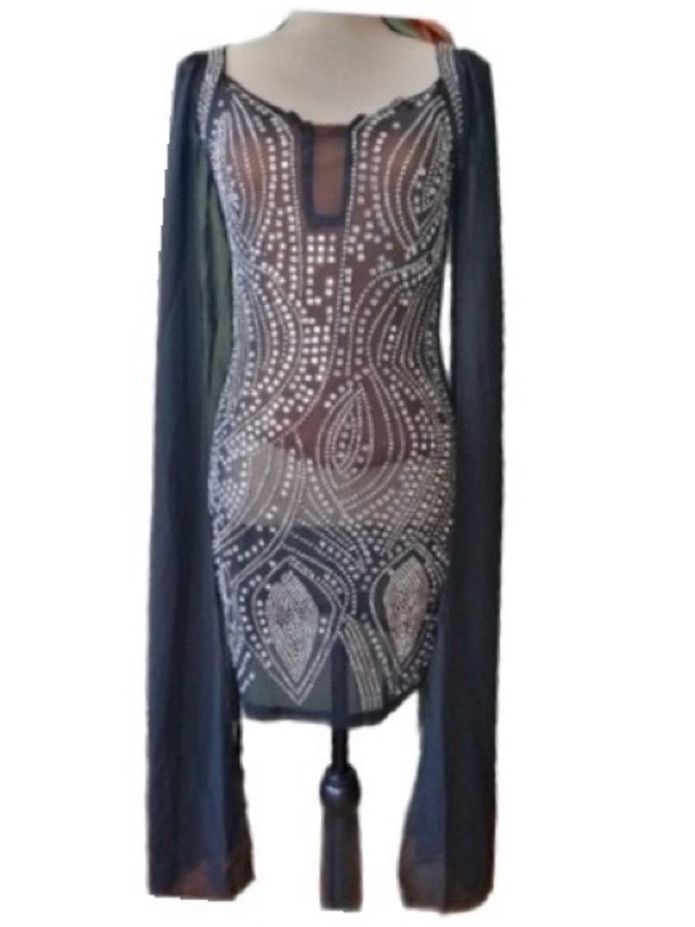 Black Sheer Embellished mini dress -Maxi cape like Sleeve